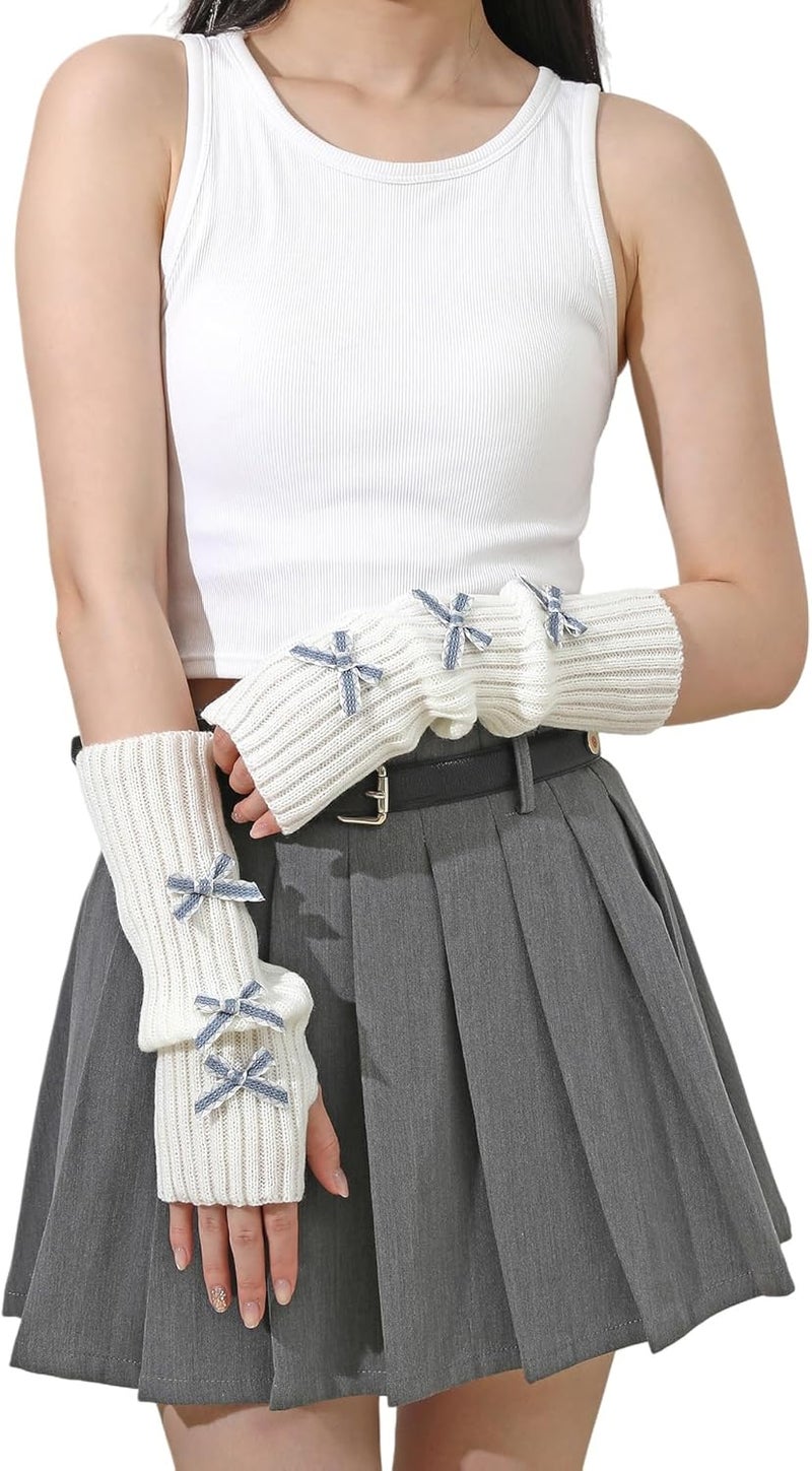 Lauthen.S Y2K Arm Warmers Cute Long Sleeve Fingerless Gloves Knitted Harajuke Style Arm Sleeves Kawaii with Bownot - Image 4